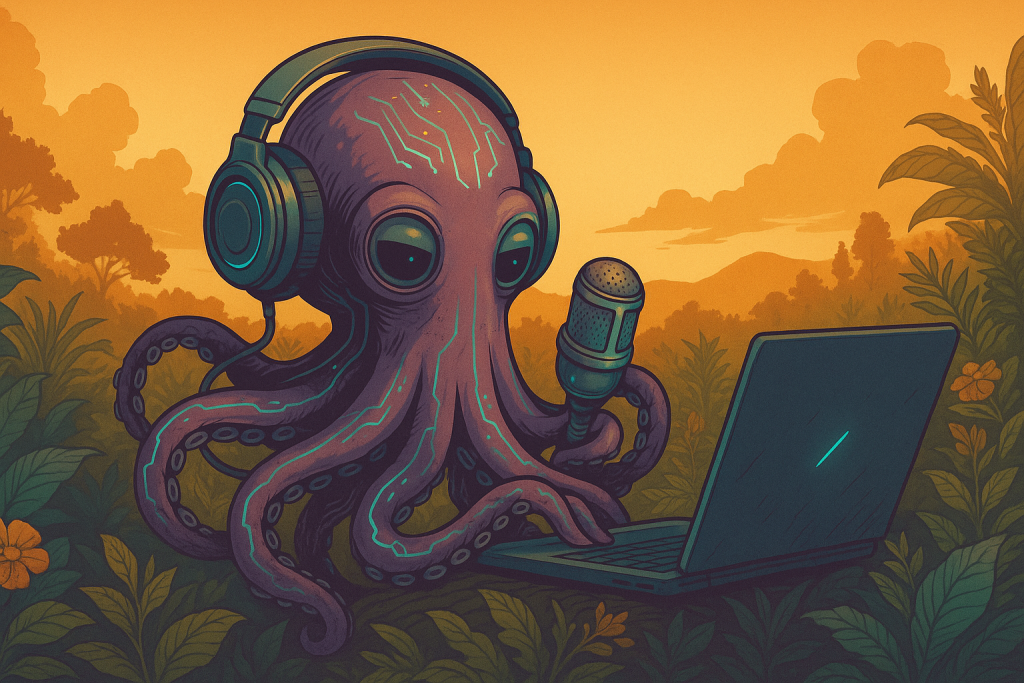 An octopus with headphones podcasting with a microphone and laptop in a jungle, representing podcast automation.