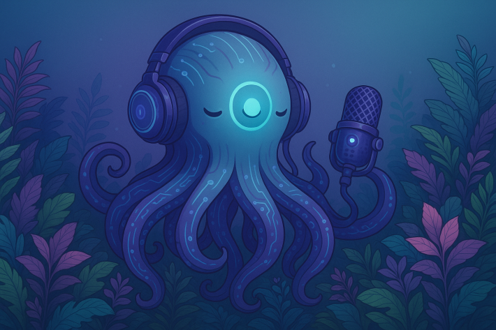 A glowing octopus with headphones and a microphone in an underwater setting, representing podcast syndication and distribution.