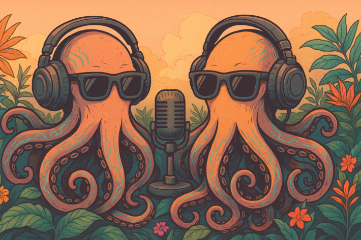 Two octopuses wearing headphones and sunglasses podcasting with a shared microphone, representing a repeatable podcast system.