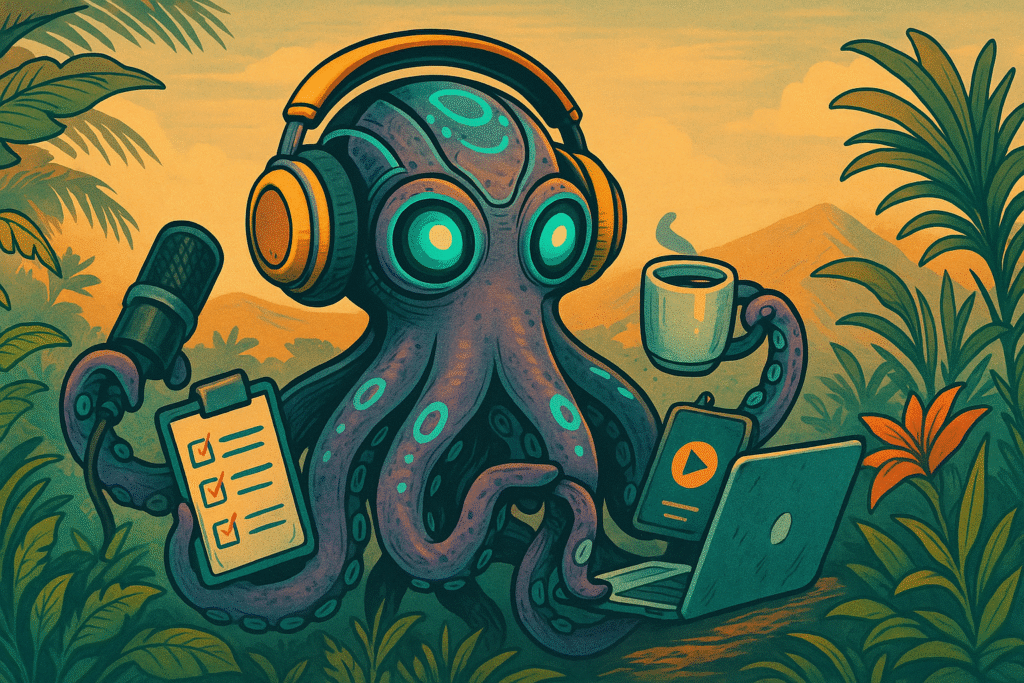 Futuristic octopus multitasking with podcasting tools in a jungle, symbolizing the distinction between podcast syndication and distribution.