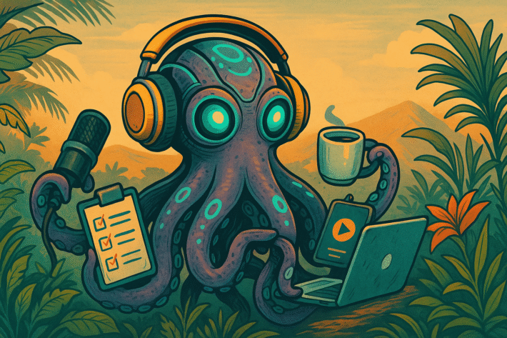 Futuristic octopus multitasking with podcasting tools in a jungle, symbolizing the distinction between podcast syndication and distribution.