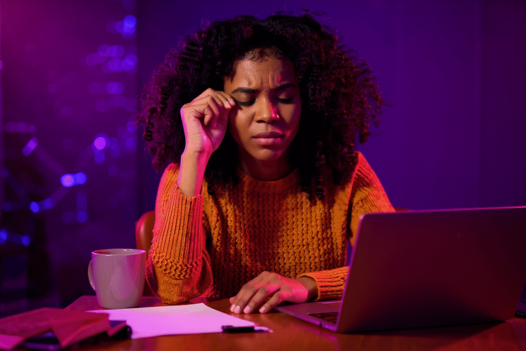 Frustrated woman in front of laptop, struggling with low podcast visibility.