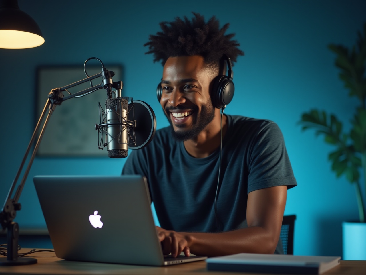 Podcaster working at a desk with a microphone and headphones, preparing content for syndication.