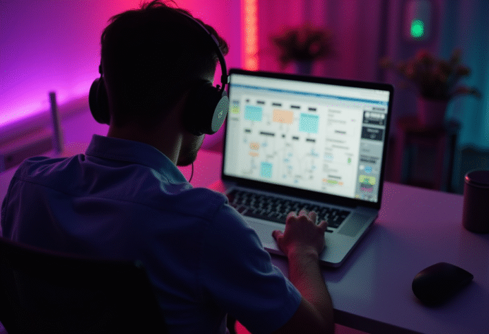 Podcaster working at a computer on content syndication and distribution workflow with headphones on.