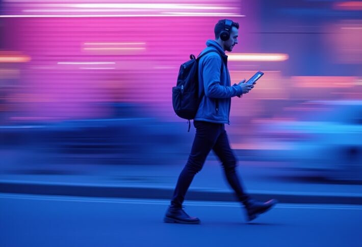 Man walking with headphones and tablet, symbolizing flexibility and mobility made possible by a repeatable podcast workflow.