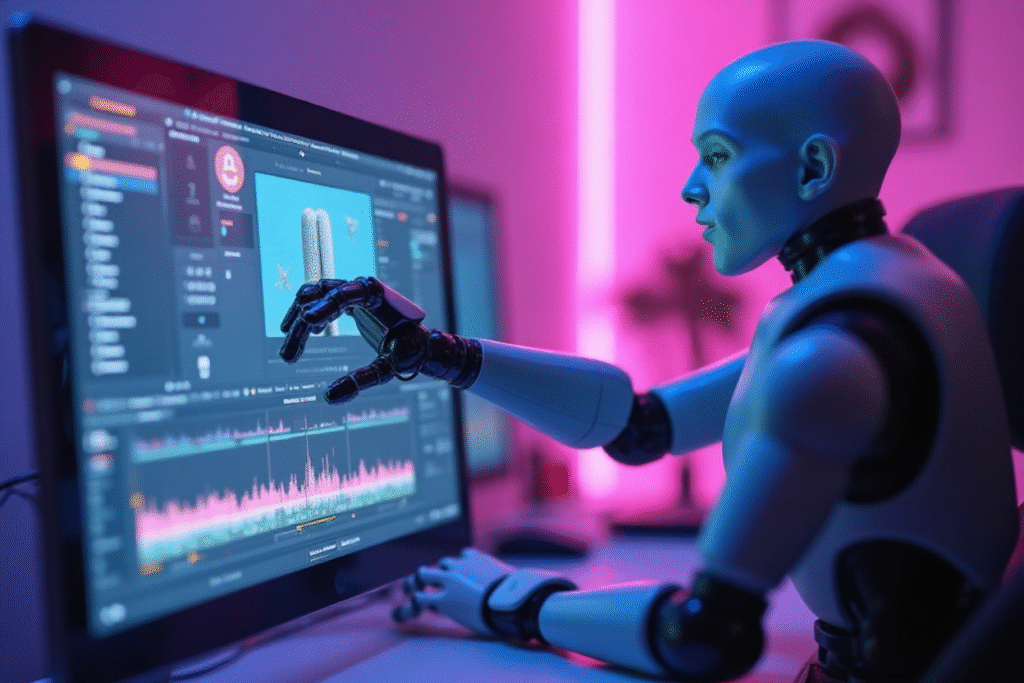 Robot operating podcast editing software on a desktop, representing an automated podcast workflow.