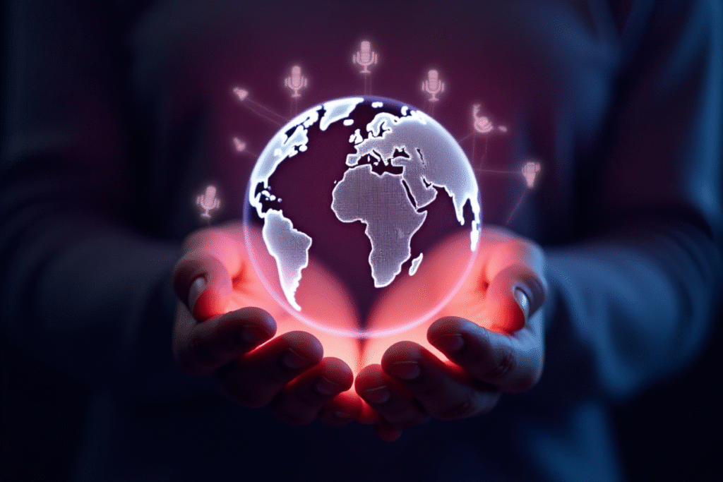Hands holding a glowing digital globe with podcast icons, symbolizing global podcast syndication.