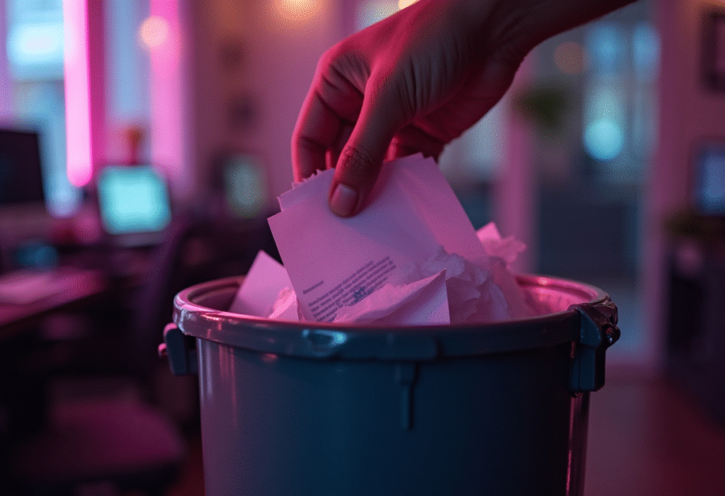 Close-up of a hand throwing crumpled paper into a trash can, symbolizing common podcast marketing mistakes.